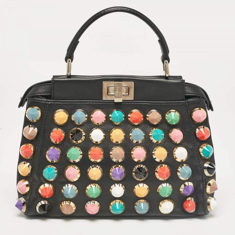 Pre Owned Fendi Black Leather Multicolor Studs Mini Peekaboo Top Handle Bag