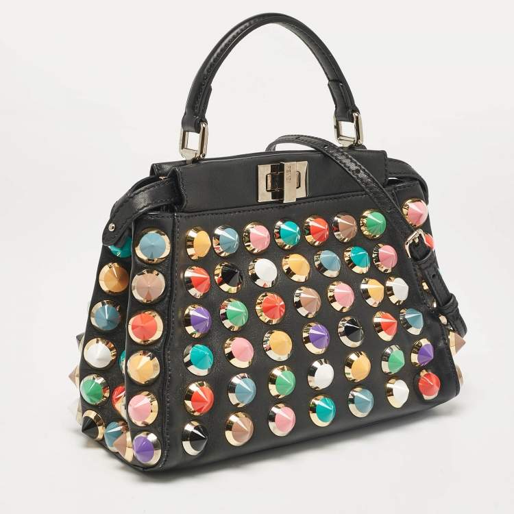 Pre Owned Fendi Black Leather Multicolor Studs Mini Peekaboo Top Handle Bag