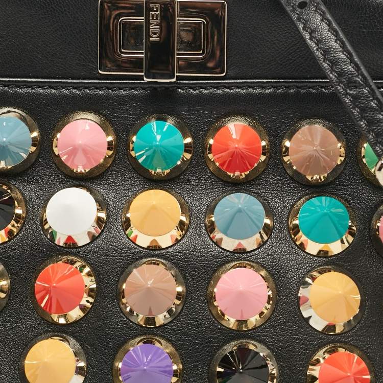 Pre Owned Fendi Black Leather Multicolor Studs Mini Peekaboo Top Handle Bag