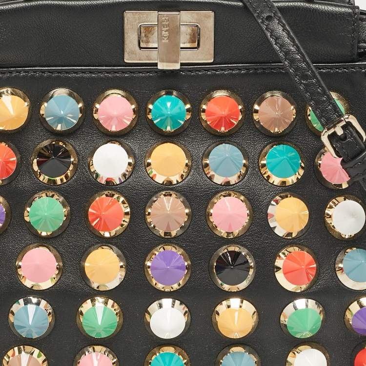 Pre Owned Fendi Black Leather Multicolor Studs Mini Peekaboo Top Handle Bag