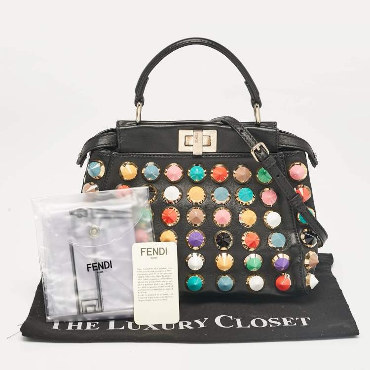 Pre Owned Fendi Black Leather Multicolor Studs Mini Peekaboo Top Handle Bag