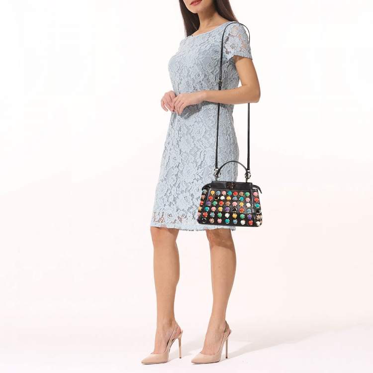 Pre Owned Fendi Black Leather Multicolor Studs Mini Peekaboo Top Handle Bag