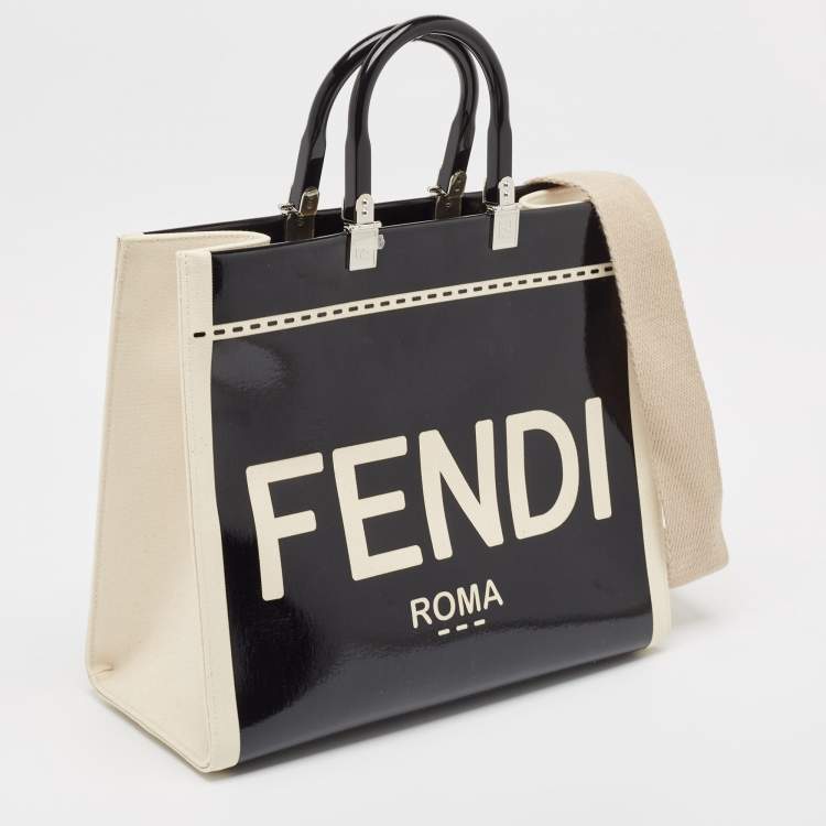 Pre Owned Fendi Black/Off White Canvas and Patent Leather Medium Sunshine Shopper Tote