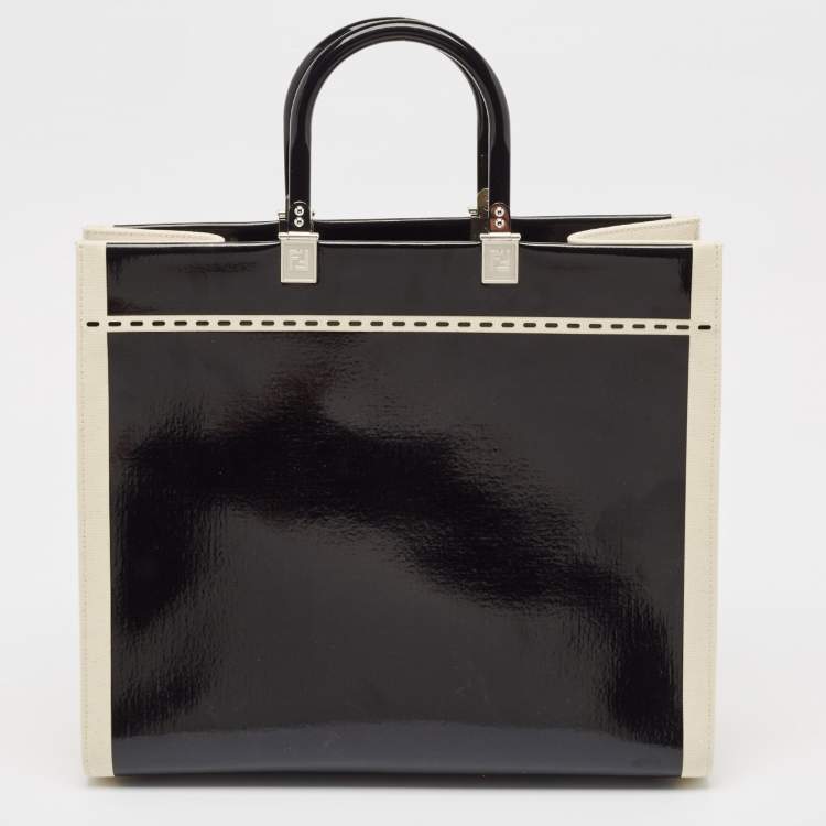 Pre Owned Fendi Black/Off White Canvas and Patent Leather Medium Sunshine Shopper Tote