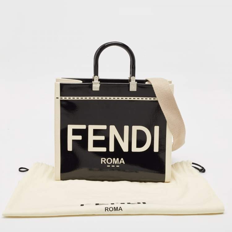Pre Owned Fendi Black/Off White Canvas and Patent Leather Medium Sunshine Shopper Tote