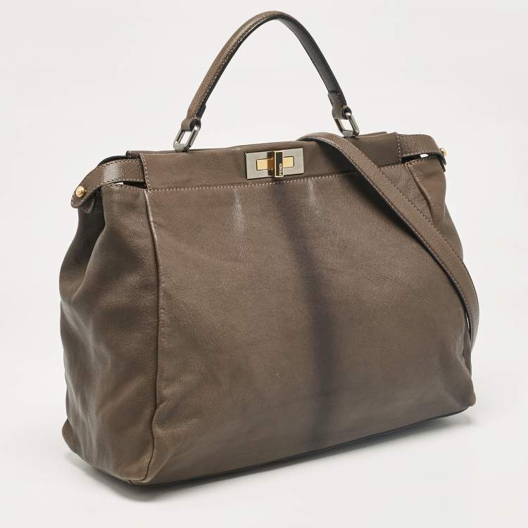 Pre Owned Fendi Grey Leather Large Peekaboo Top Handle Bag