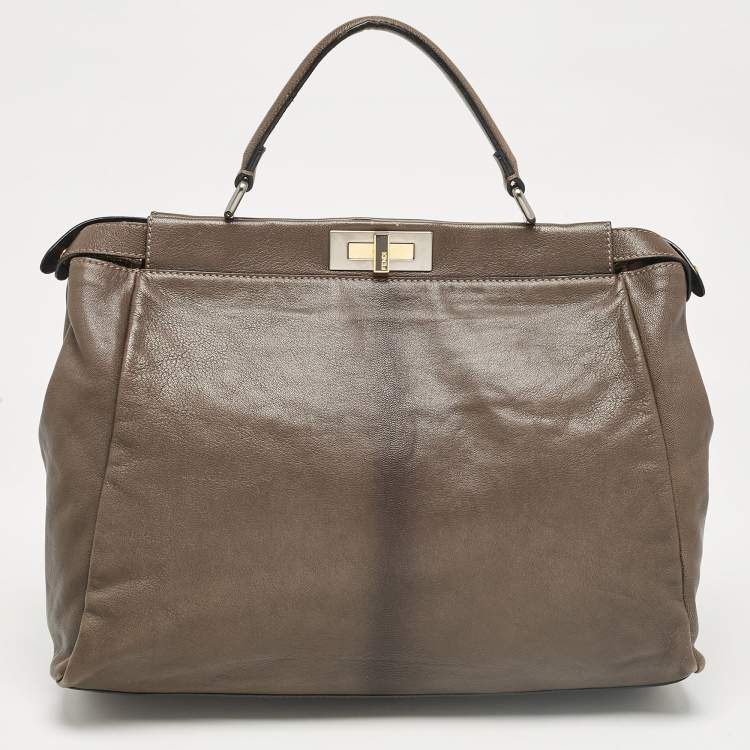 Pre Owned Fendi Grey Leather Large Peekaboo Top Handle Bag