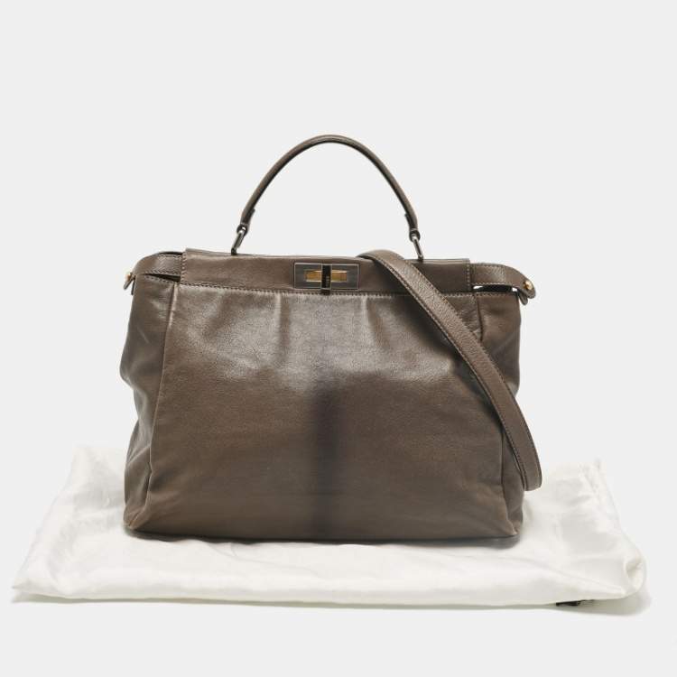 Pre Owned Fendi Grey Leather Large Peekaboo Top Handle Bag