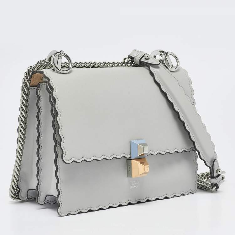 Pre Owned Fendi Light Blue Leather Mini Scalloped Kan I Shoulder Bag