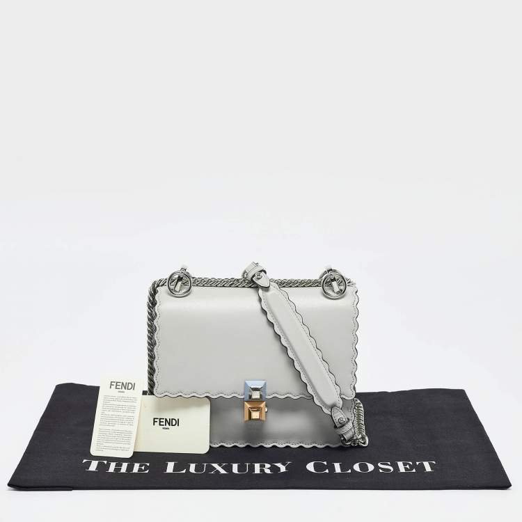 Pre Owned Fendi Light Blue Leather Mini Scalloped Kan I Shoulder Bag