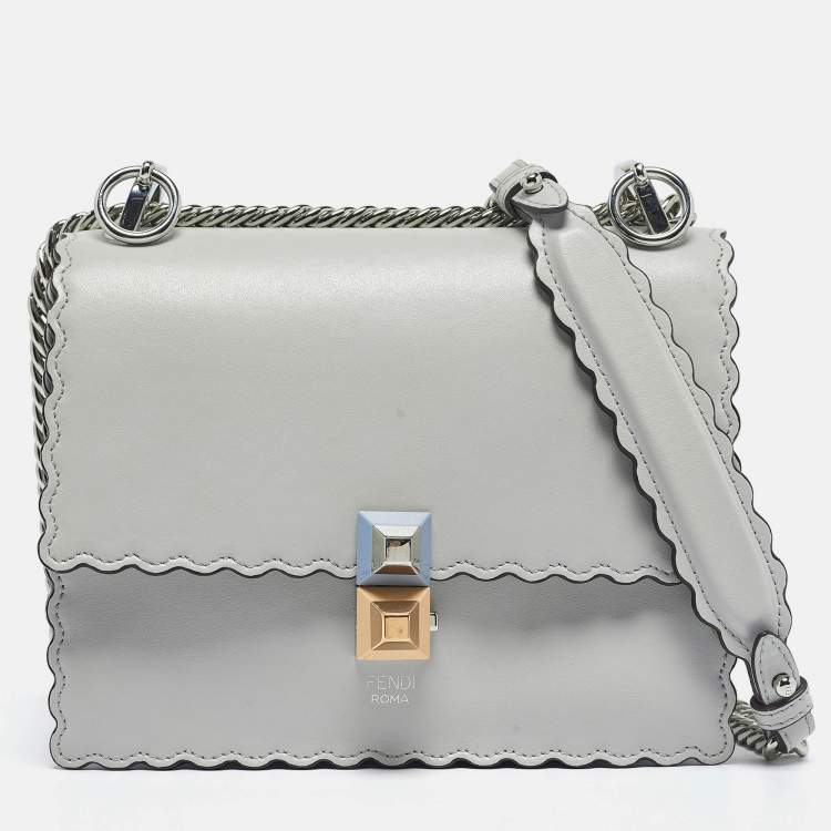 Pre Owned Fendi Light Blue Leather Mini Scalloped Kan I Shoulder Bag