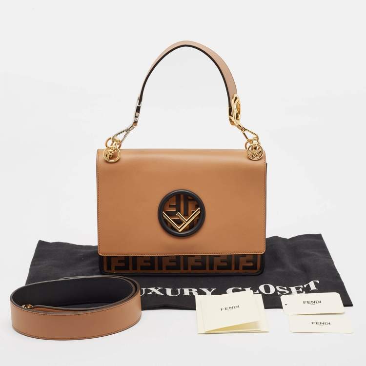 Pre Owned Fendi Brown/Black Zucca Embossed Leather Kan I F Top Handle Bag