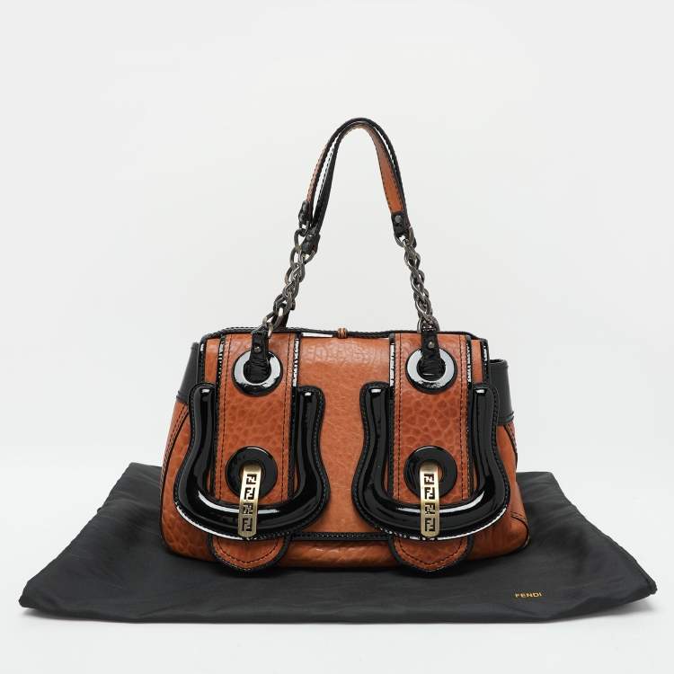Pre Owned Fendi Black/Brown Patent and Leather B Shoulder Bag