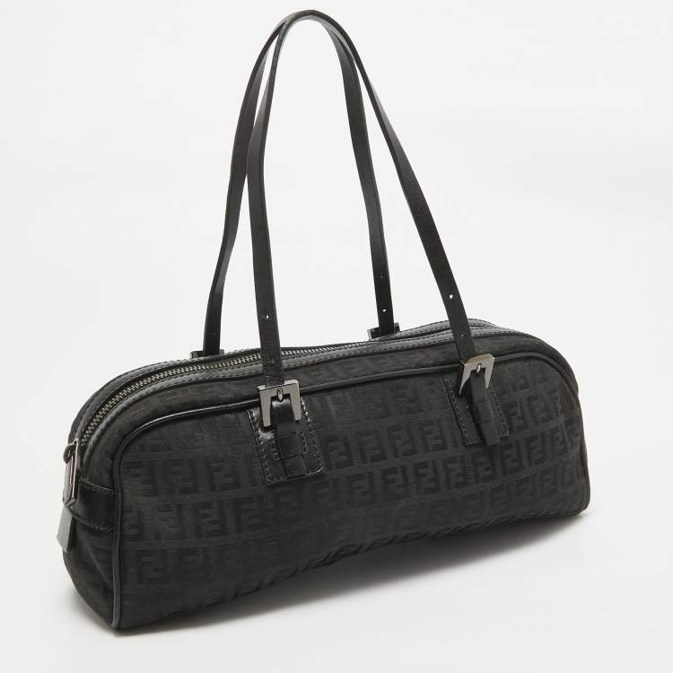 Pre Owned Fendi Black Zuchinno Fabric and Leather Zip Satchel