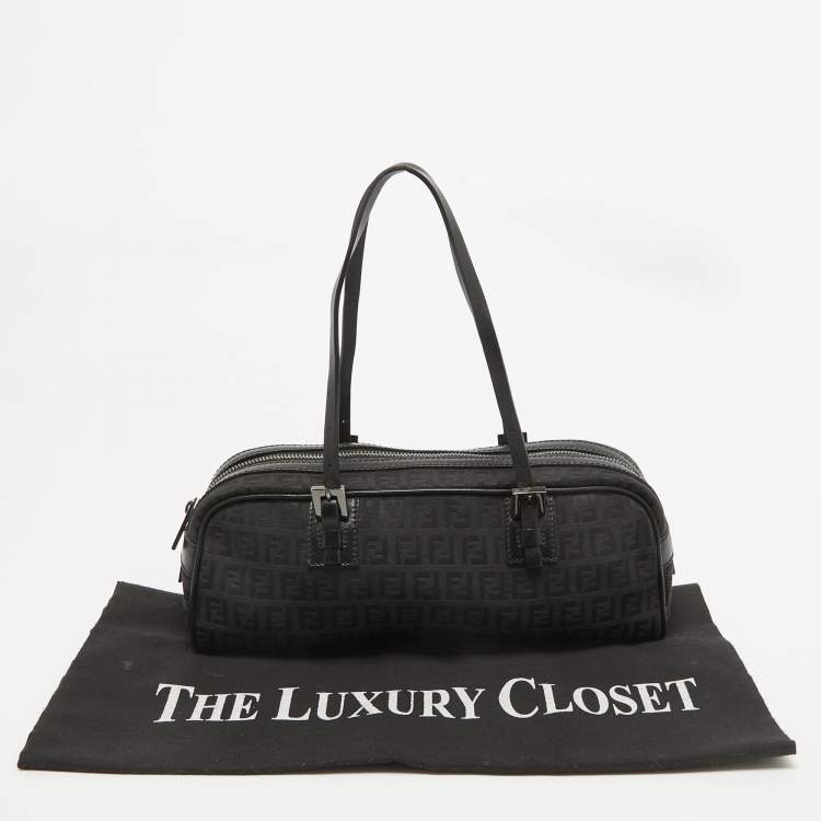 Pre Owned Fendi Black Zuchinno Fabric and Leather Zip Satchel