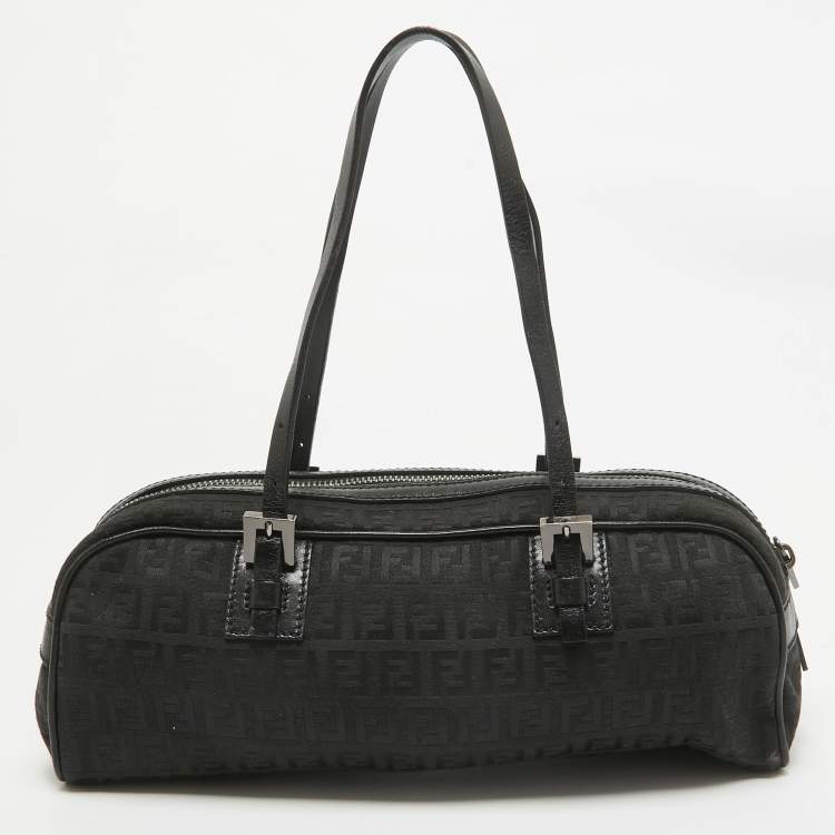 Pre Owned Fendi Black Zuchinno Fabric and Leather Zip Satchel