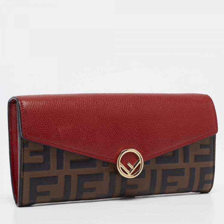 Pre Owned Fendi Red/Brown Zucca Leather F is Fendi Continental Wallet