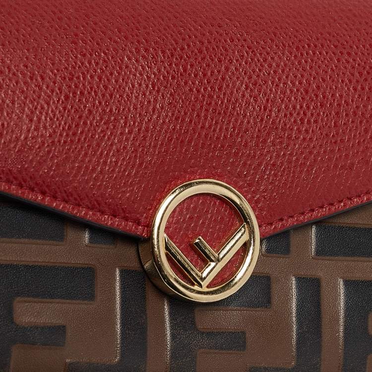 Pre Owned Fendi Red/Brown Zucca Leather F is Fendi Continental Wallet
