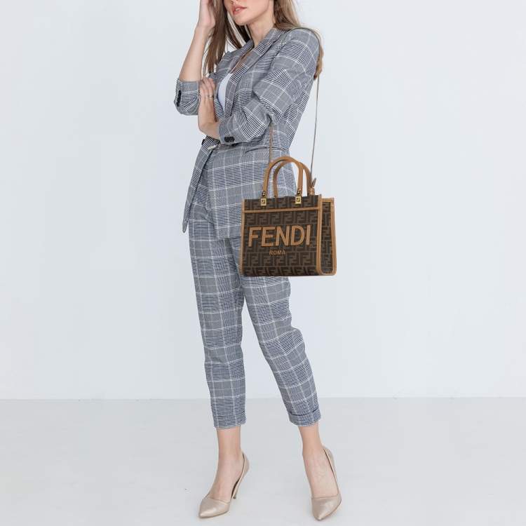 Pre Owned Fendi Brown FF Jacquard Fabric Small Sunshine Tote