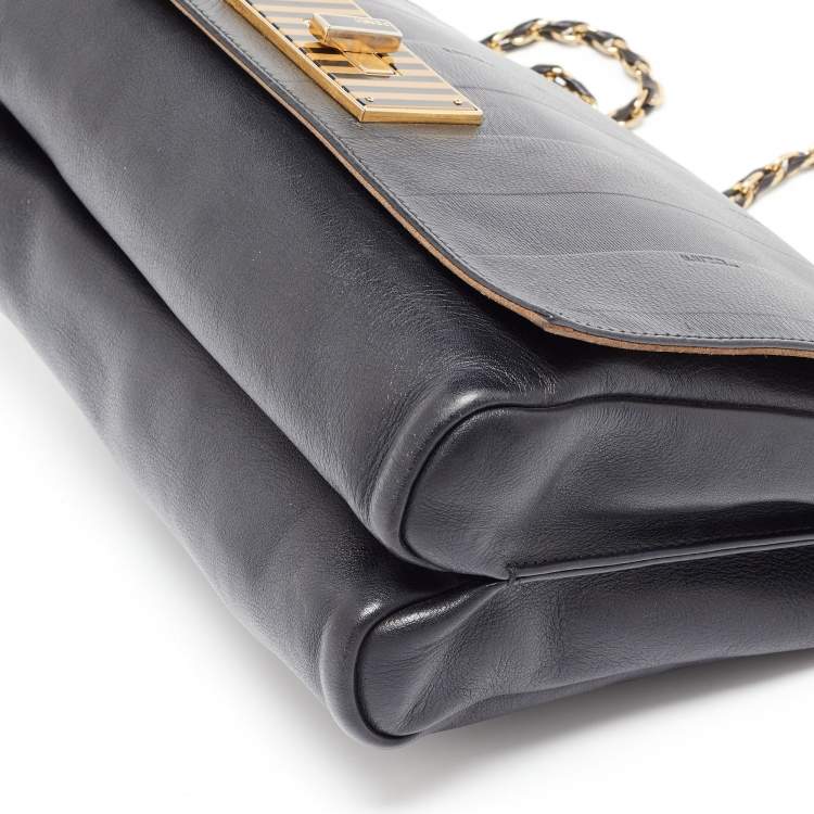 Pre Owned Fendi Black Stripe Embossed Leather Large Claudia Shoulder Bag