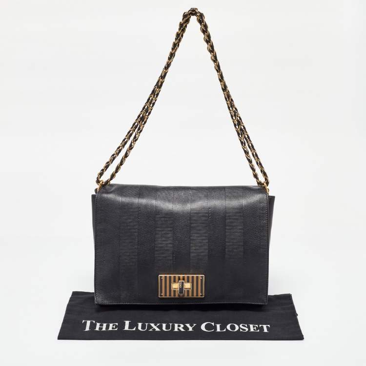 Pre Owned Fendi Black Stripe Embossed Leather Large Claudia Shoulder Bag