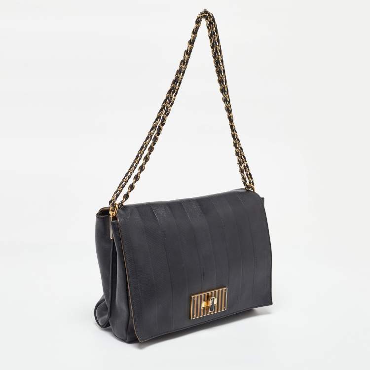 Pre Owned Fendi Black Stripe Embossed Leather Large Claudia Shoulder Bag