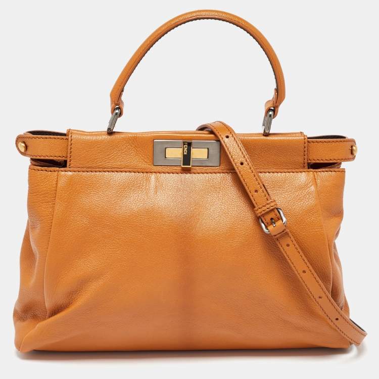 Pre Owned Fendi Mustard Leather Regular Peekaboo Top Handle Bag