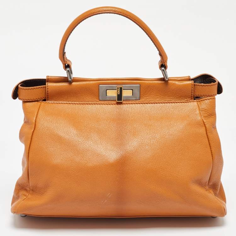 Pre Owned Fendi Mustard Leather Regular Peekaboo Top Handle Bag