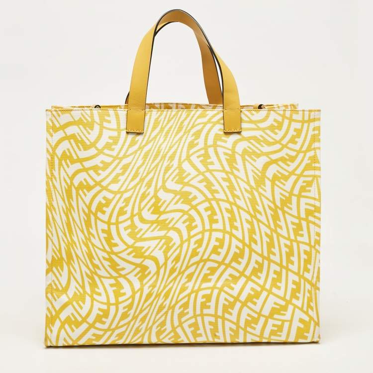 Pre Owned Fendi x Sarah Coleman Yellow FF Vertigo Canvas and Leather Shopper Tote