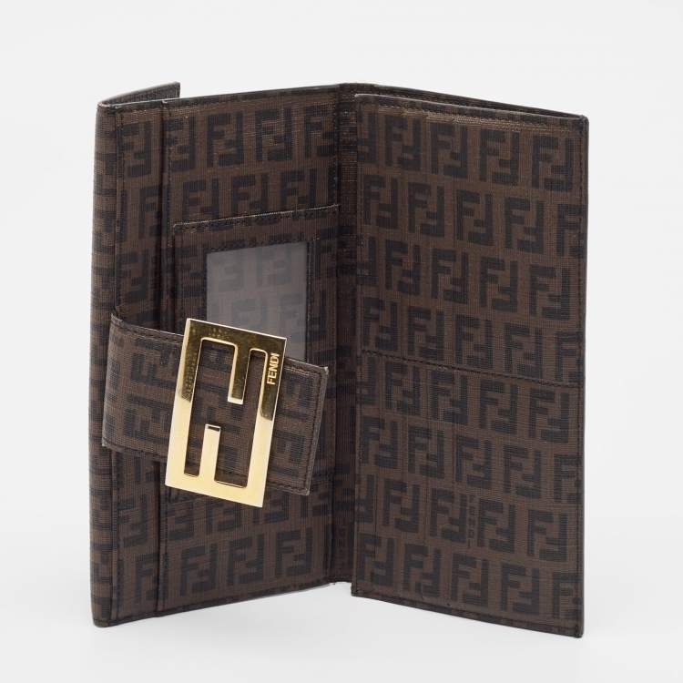 Pre Owned Fendi Dark Brown Zuchinno Coated Canvas Forever Flap Continental Wallet