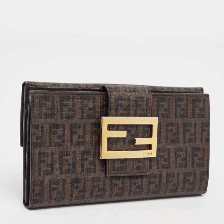 Pre Owned Fendi Dark Brown Zuchinno Coated Canvas Forever Flap Continental Wallet