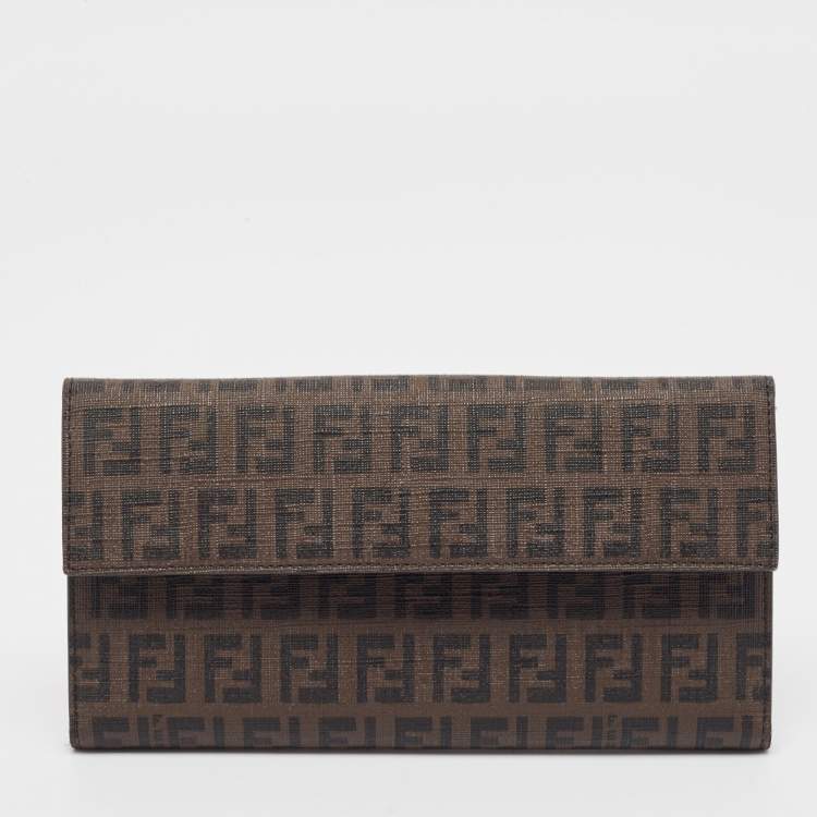 Pre Owned Fendi Dark Brown Zuchinno Coated Canvas Forever Flap Continental Wallet