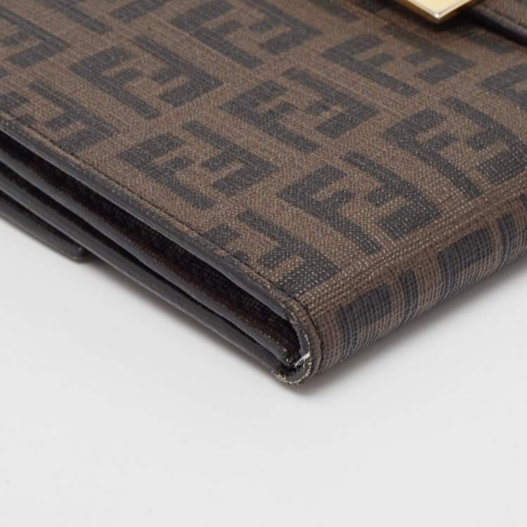 Pre Owned Fendi Dark Brown Zuchinno Coated Canvas Forever Flap Continental Wallet