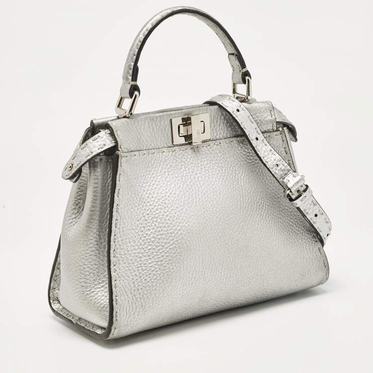 Pre Owned Fendi Silver Selleria Leather Mini Peekaboo Top Handle Bag