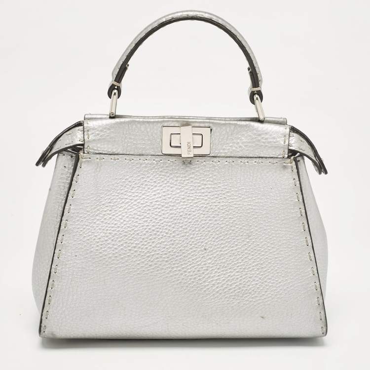 Pre Owned Fendi Silver Selleria Leather Mini Peekaboo Top Handle Bag