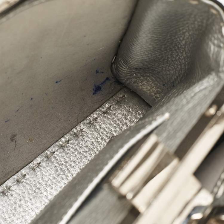 Pre Owned Fendi Silver Selleria Leather Mini Peekaboo Top Handle Bag