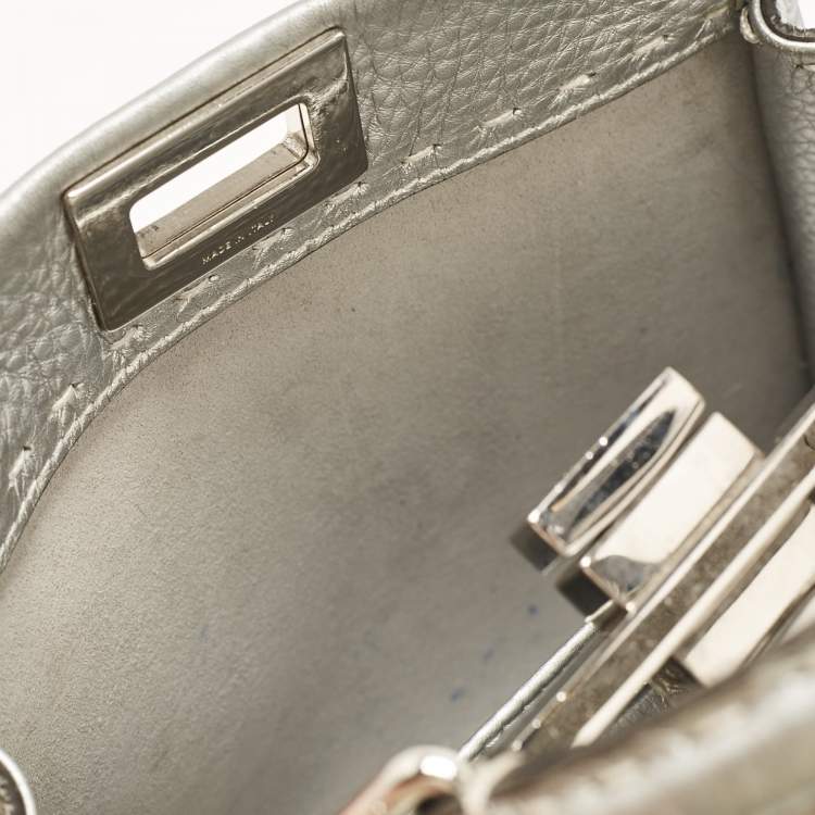 Pre Owned Fendi Silver Selleria Leather Mini Peekaboo Top Handle Bag