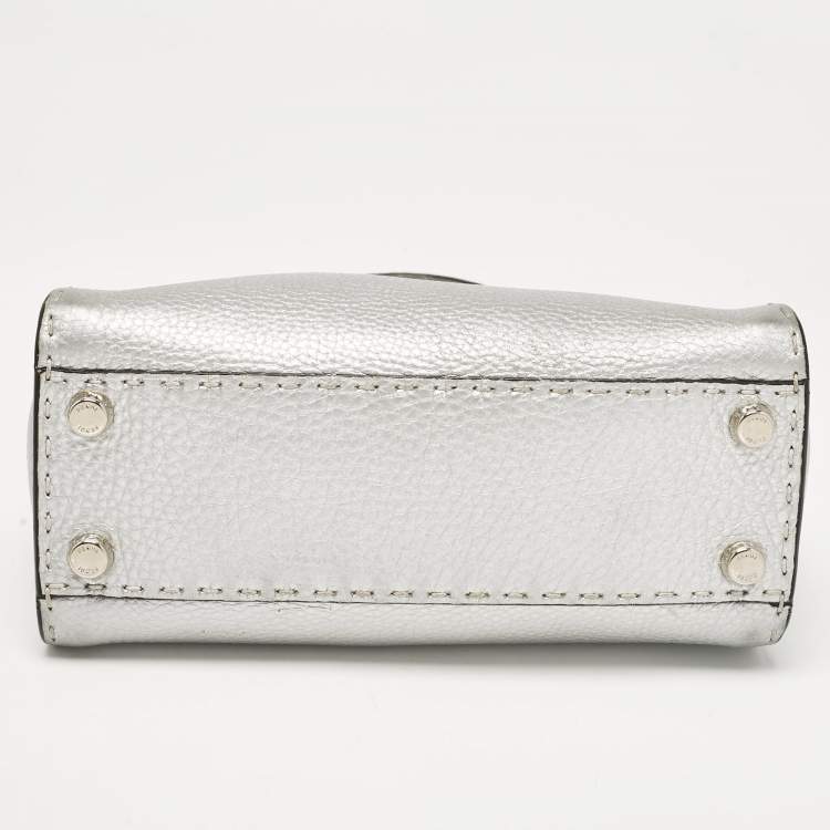 Pre Owned Fendi Silver Selleria Leather Mini Peekaboo Top Handle Bag