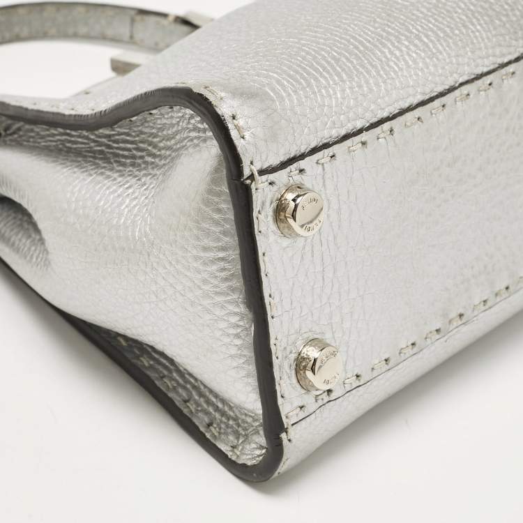 Pre Owned Fendi Silver Selleria Leather Mini Peekaboo Top Handle Bag