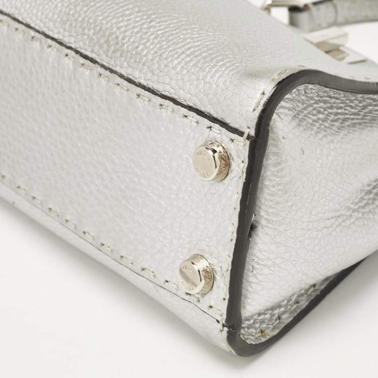 Pre Owned Fendi Silver Selleria Leather Mini Peekaboo Top Handle Bag