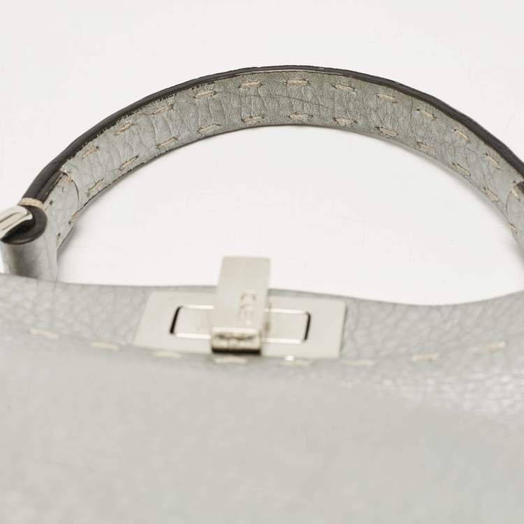 Pre Owned Fendi Silver Selleria Leather Mini Peekaboo Top Handle Bag