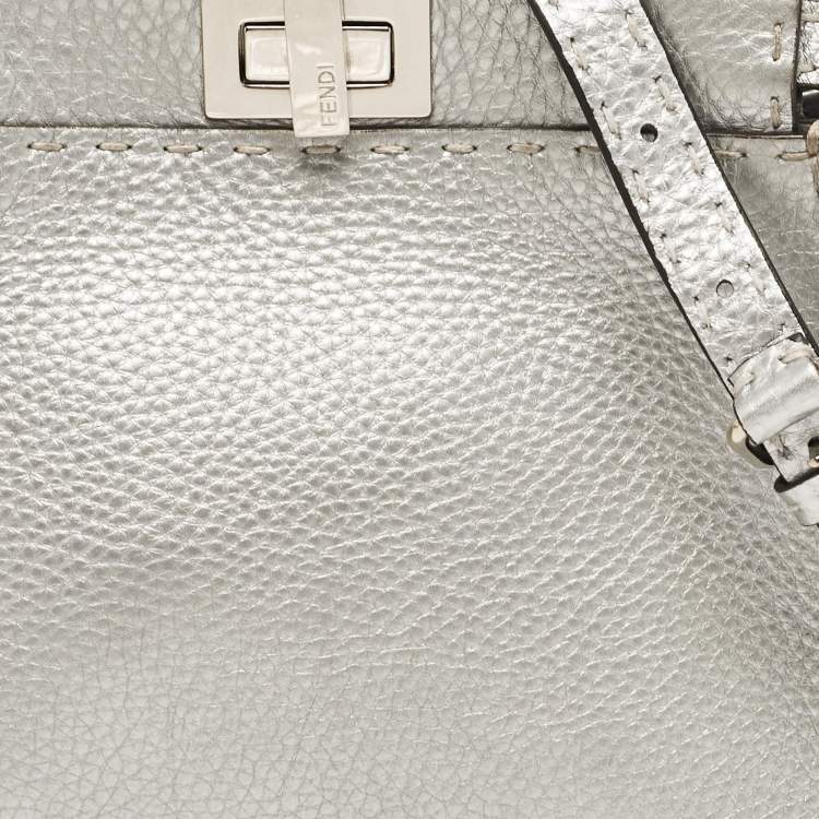Pre Owned Fendi Silver Selleria Leather Mini Peekaboo Top Handle Bag