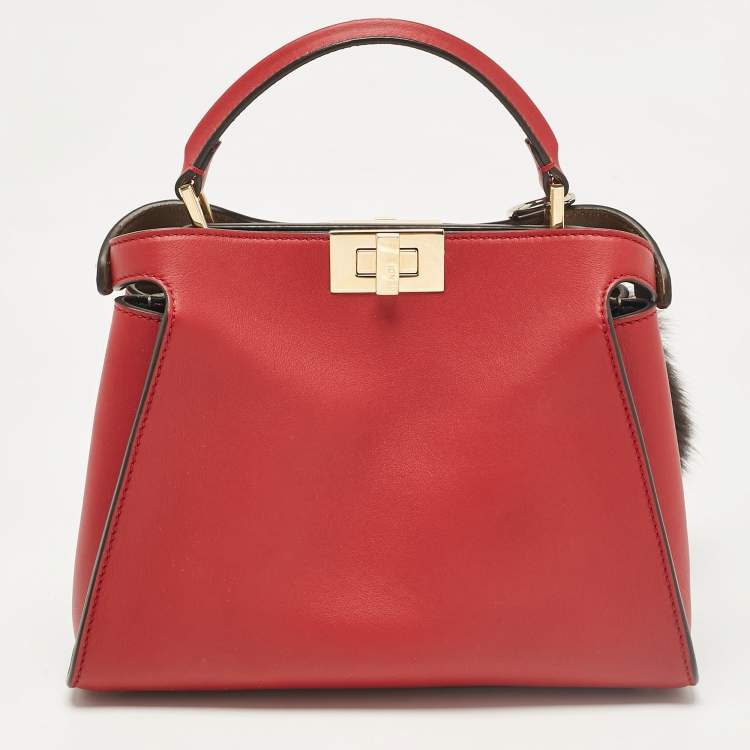 Pre Owned Fendi Red Leather Peekaboo Essentially Top Handle Bag