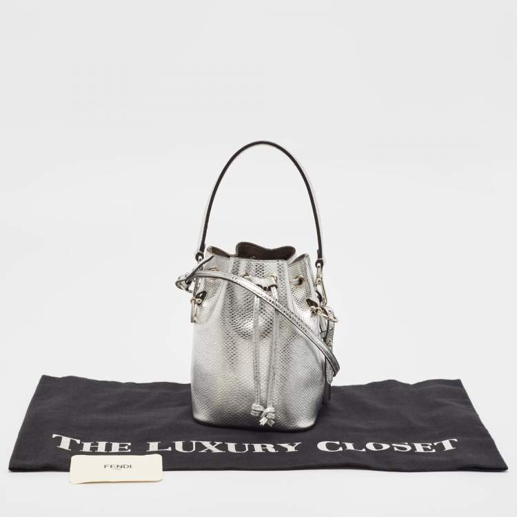 Pre Owned Fendi Silver Karung Leather Mini Mon Tresor Bucket Bag