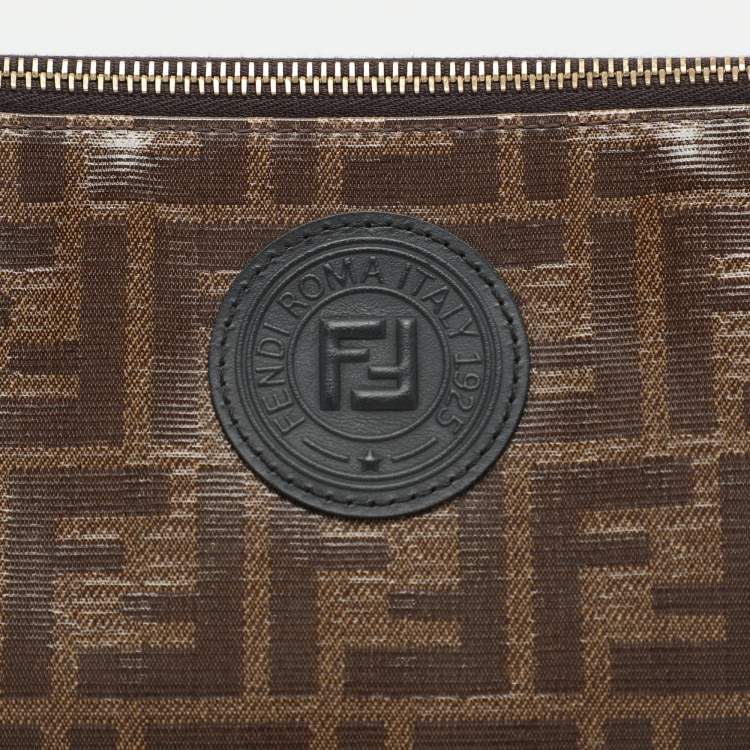 Pre Owned Fendi Brown FF Coated Canvas Large Zip Wristlet Clutch