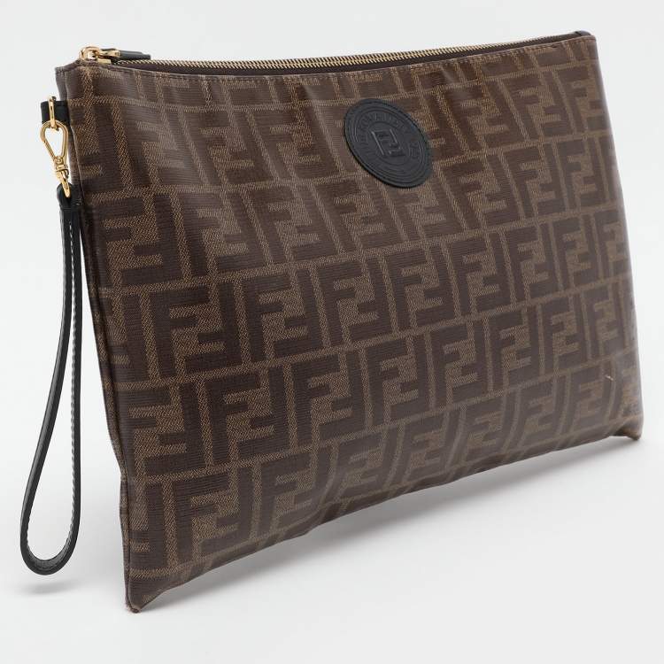 Pre Owned Fendi Brown FF Coated Canvas Large Zip Wristlet Clutch