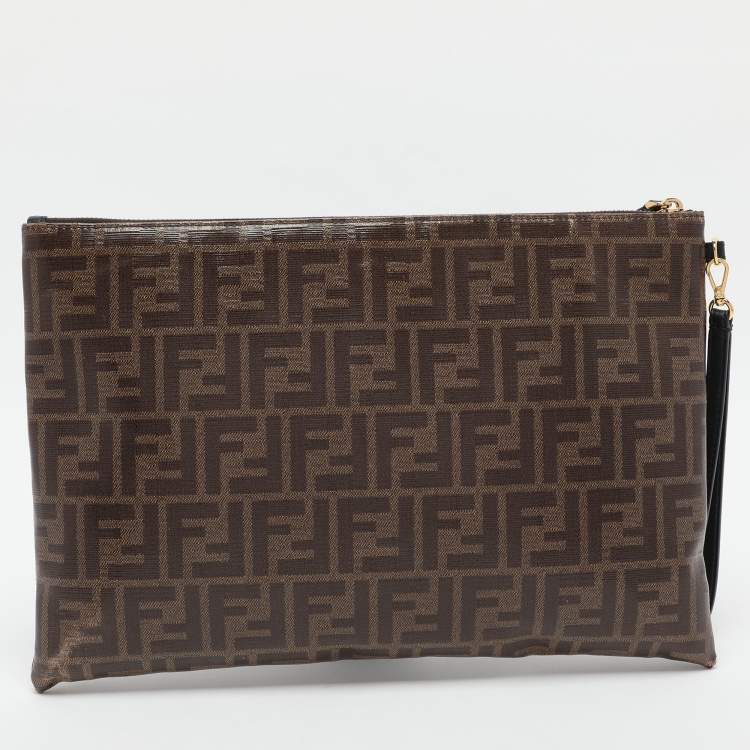 Pre Owned Fendi Brown FF Coated Canvas Large Zip Wristlet Clutch