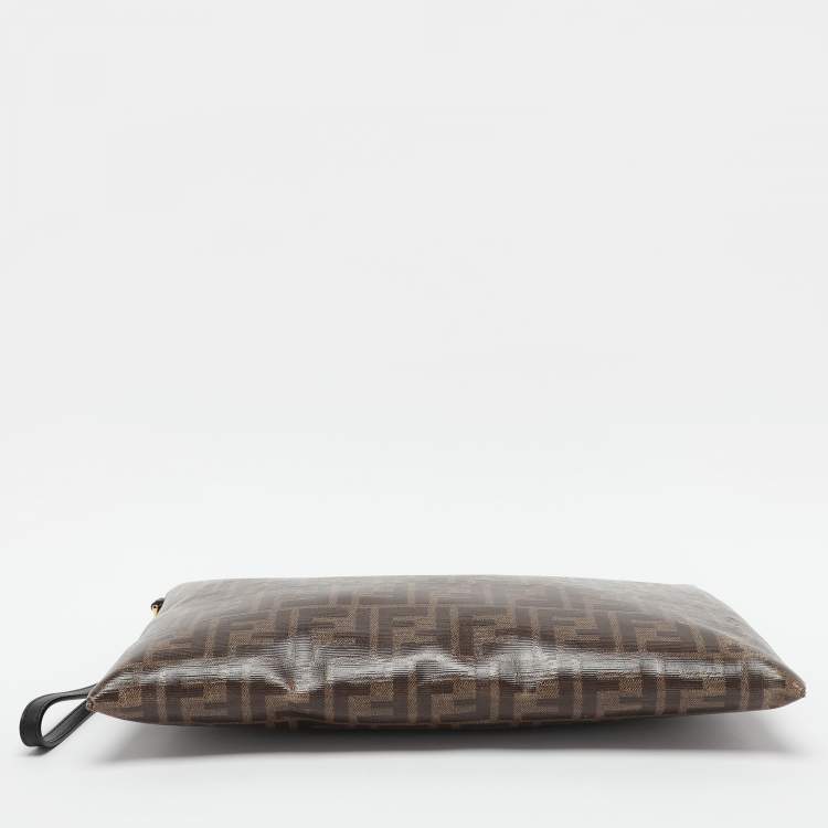 Pre Owned Fendi Brown FF Coated Canvas Large Zip Wristlet Clutch
