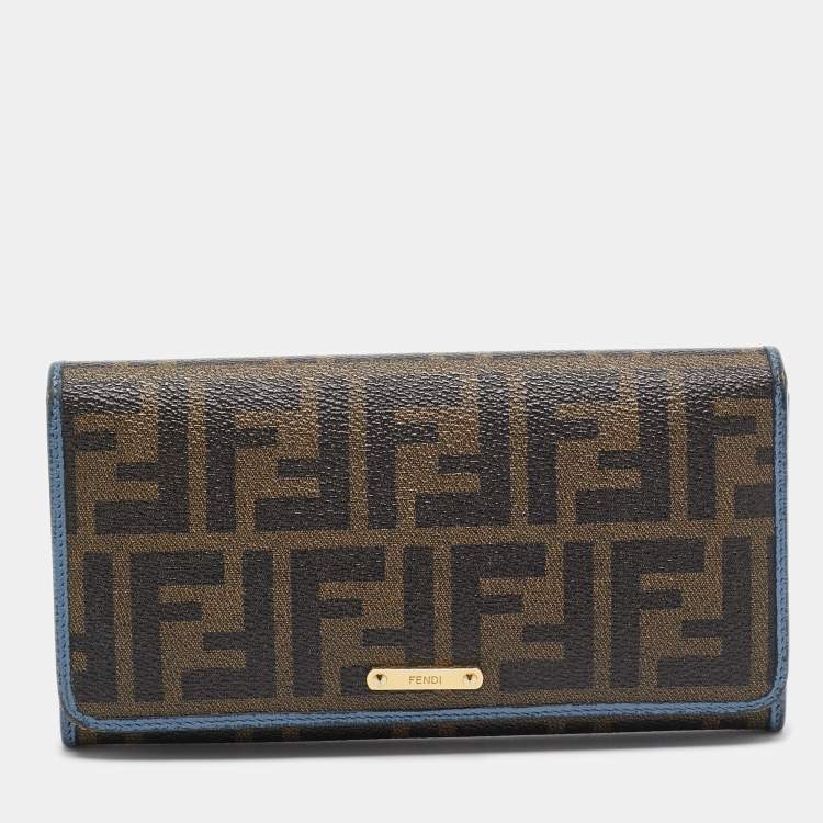 Pre Owned Fendi Brown/Blue Zucca Coated Canvas and Leather Flap Continental Wallet