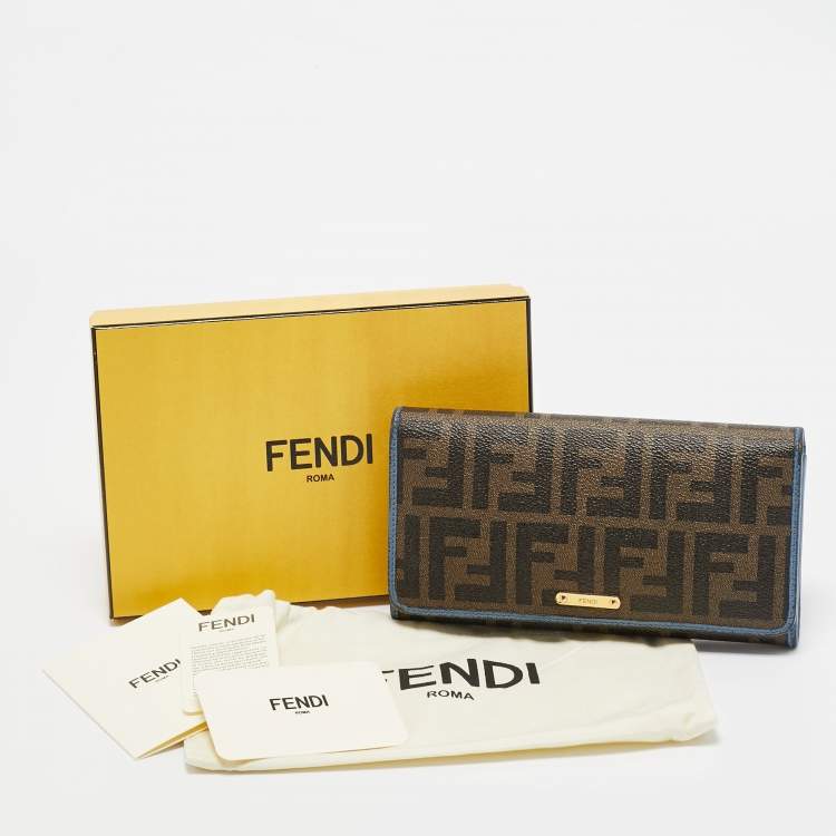 Pre Owned Fendi Brown/Blue Zucca Coated Canvas and Leather Flap Continental Wallet